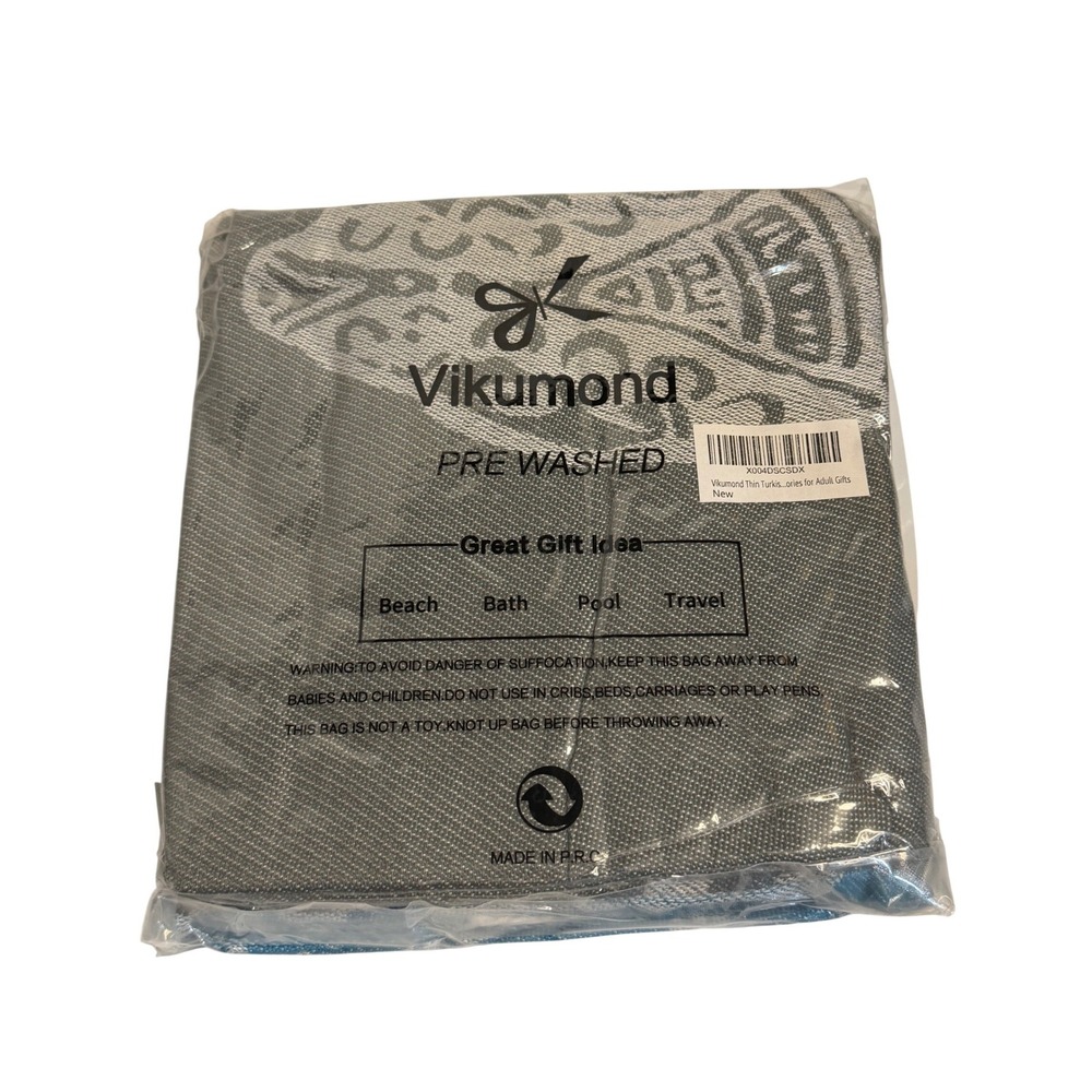 Vikumond Turkish Beach Towel Grey Blue Mandala Pre-Washed Large Cotton Peshtemal